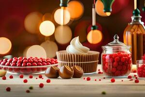 Kerstmis decoraties en snoepjes Aan een houten tafel. ai-gegenereerd foto