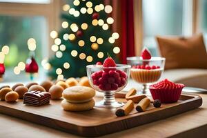 Kerstmis toetje dienblad met Kerstmis boom in achtergrond. ai-gegenereerd foto