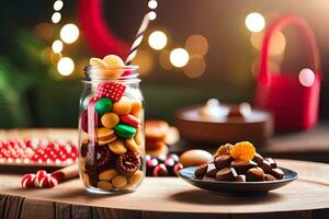 Kerstmis snoepgoed in een glas pot Aan een houten tafel. ai-gegenereerd foto