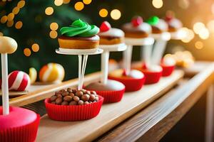 Kerstmis toetje buffet met Kerstmis lichten. ai-gegenereerd foto