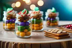 klein potten gevulde met snoep en koekjes Aan een tafel. ai-gegenereerd foto