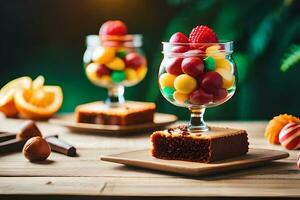 twee bril met fruit en taart Aan een houten tafel. ai-gegenereerd foto