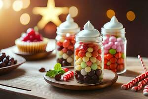 Kerstmis snoep in potten Aan een houten tafel. ai-gegenereerd foto