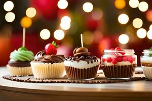 divers cupcakes zijn weergegeven Aan een tafel. ai-gegenereerd foto