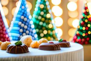 Kerstmis bomen en chocolaatjes Aan een tafel. ai-gegenereerd foto