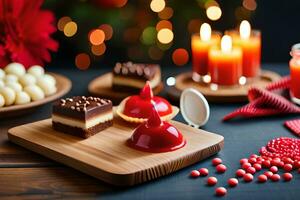 Kerstmis toetje Aan houten bord met kaarsen en rood gelei. ai-gegenereerd foto