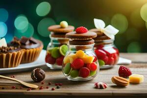 divers types van fruit in glas potten Aan houten tafel. ai-gegenereerd foto