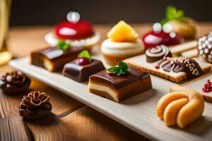 geassorteerd chocolaatjes en desserts Aan een houten dienblad. ai-gegenereerd foto