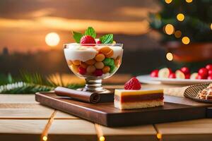 Kerstmis toetje met fruit en toetje Aan houten tafel. ai-gegenereerd foto