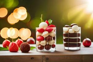 twee bril met chocola en aardbeien Aan een tafel. ai-gegenereerd foto