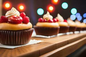 meerdere cupcakes zijn bekleed omhoog Aan een houten tafel. ai-gegenereerd foto