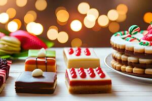Kerstmis cakes en desserts Aan een tafel. ai-gegenereerd foto