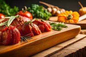 een houten snijdend bord met vlees en groenten. ai-gegenereerd foto