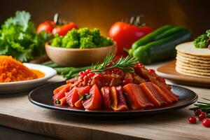 een bord van voedsel met groenten en vlees Aan het. ai-gegenereerd foto