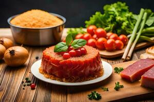 een bord van voedsel met vlees, groenten en tomaten. ai-gegenereerd foto