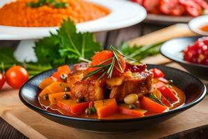een bord van voedsel met vlees, groenten en rijst. ai-gegenereerd foto