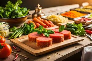 vers vlees, groenten en andere ingrediënten Aan een tafel. ai-gegenereerd foto