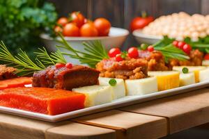een schotel van voedsel met vlees, kaas en groenten. ai-gegenereerd foto