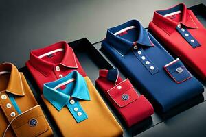 een verzameling van kleurrijk polo overhemden in een Scherm geval. ai-gegenereerd foto