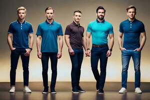 vijf mannen in blauw polo overhemden staand in een rij. ai-gegenereerd foto