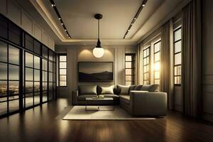 een modern leven kamer met groot ramen en hout vloeren. ai-gegenereerd foto