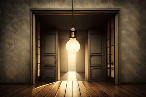 een Open deur met een licht lamp hangende van de plafond. ai-gegenereerd foto