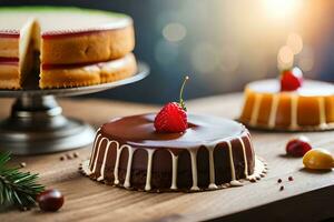 drie verschillend types van cakes Aan een houten tafel. ai-gegenereerd foto