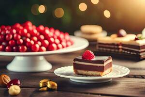 divers desserts Aan een tafel met een Kerstmis boom in de achtergrond. ai-gegenereerd foto