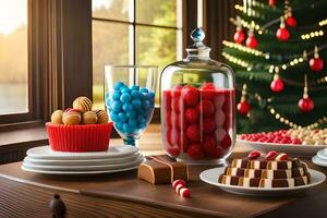 Kerstmis toetje buffet met Kerstmis boom en Kerstmis decoraties. ai-gegenereerd foto