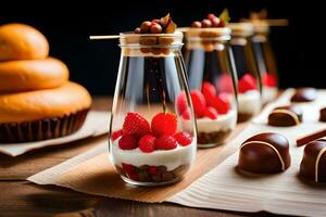 chocola en frambozen in glas potten. ai-gegenereerd foto