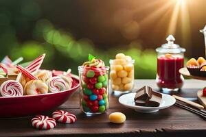 Kerstmis toetje buffet met snoepjes en snoepgoed. ai-gegenereerd foto