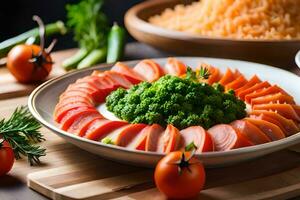 een bord van voedsel met groenten en vlees. ai-gegenereerd foto