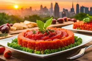 een bord van voedsel met groenten en tomaten Aan het. ai-gegenereerd foto