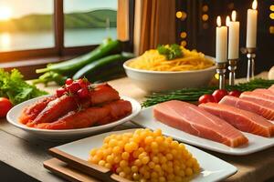 Zalm, groenten en andere voedingsmiddelen zijn Aan een tafel. ai-gegenereerd foto