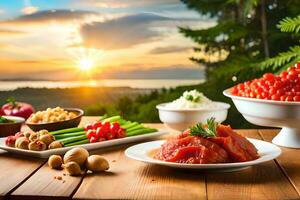 Zalm, paddestoelen, tomaten en andere voedingsmiddelen Aan een tafel. ai-gegenereerd foto