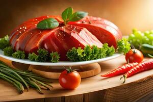 een bord van gesneden rood vlees Aan een houten tafel. ai-gegenereerd foto