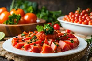 een bord van tomaten en andere groenten. ai-gegenereerd foto