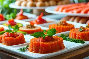 een buffet tafel met divers types van voedsel. ai-gegenereerd foto