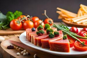 een bord van voedsel met vlees, groenten en andere ingrediënten. ai-gegenereerd foto