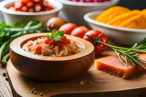 een kom van voedsel met tomaten, uien en andere ingrediënten. ai-gegenereerd foto