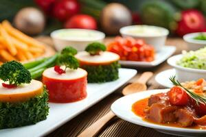 een tafel met divers voedingsmiddelen inclusief vlees, groenten en andere voedingsmiddelen. ai-gegenereerd foto