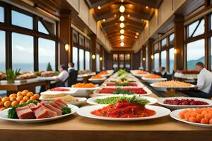 een buffet tafel met veel borden van voedsel. ai-gegenereerd foto