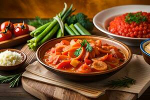 een kom van tomaat stoofpot met groenten en andere ingrediënten. ai-gegenereerd foto