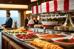 buffet met voedsel en drankjes Aan een reis schip. ai-gegenereerd foto