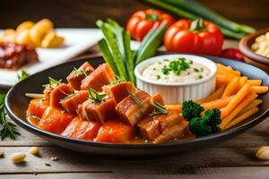 een bord van voedsel met vlees, groenten en duik. ai-gegenereerd foto