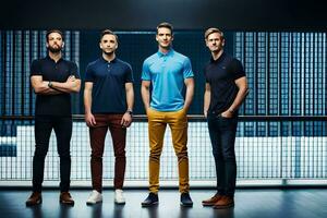 vier mannen in blauw polo's staand in voorkant van een venster. ai-gegenereerd foto