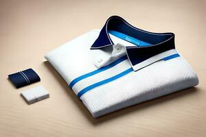een wit overhemd met blauw trimmen en een binden. ai-gegenereerd foto