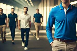 een Mens in een blauw polo overhemd is wandelen met andere Heren. ai-gegenereerd foto