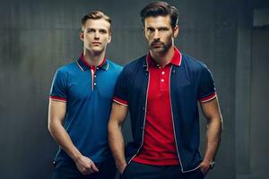 twee mannen in blauw en rood polo overhemden. ai-gegenereerd foto