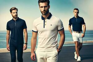 drie mannen in wit overhemden en blauw polo's. ai-gegenereerd foto